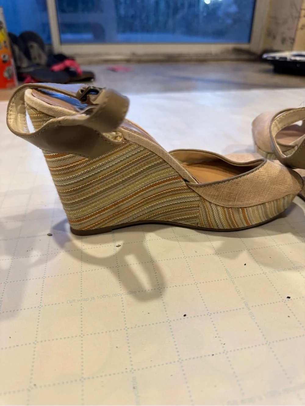 LC Lauren Conrad Beige Linen & Taupe Leather Ankle-Strap Heels